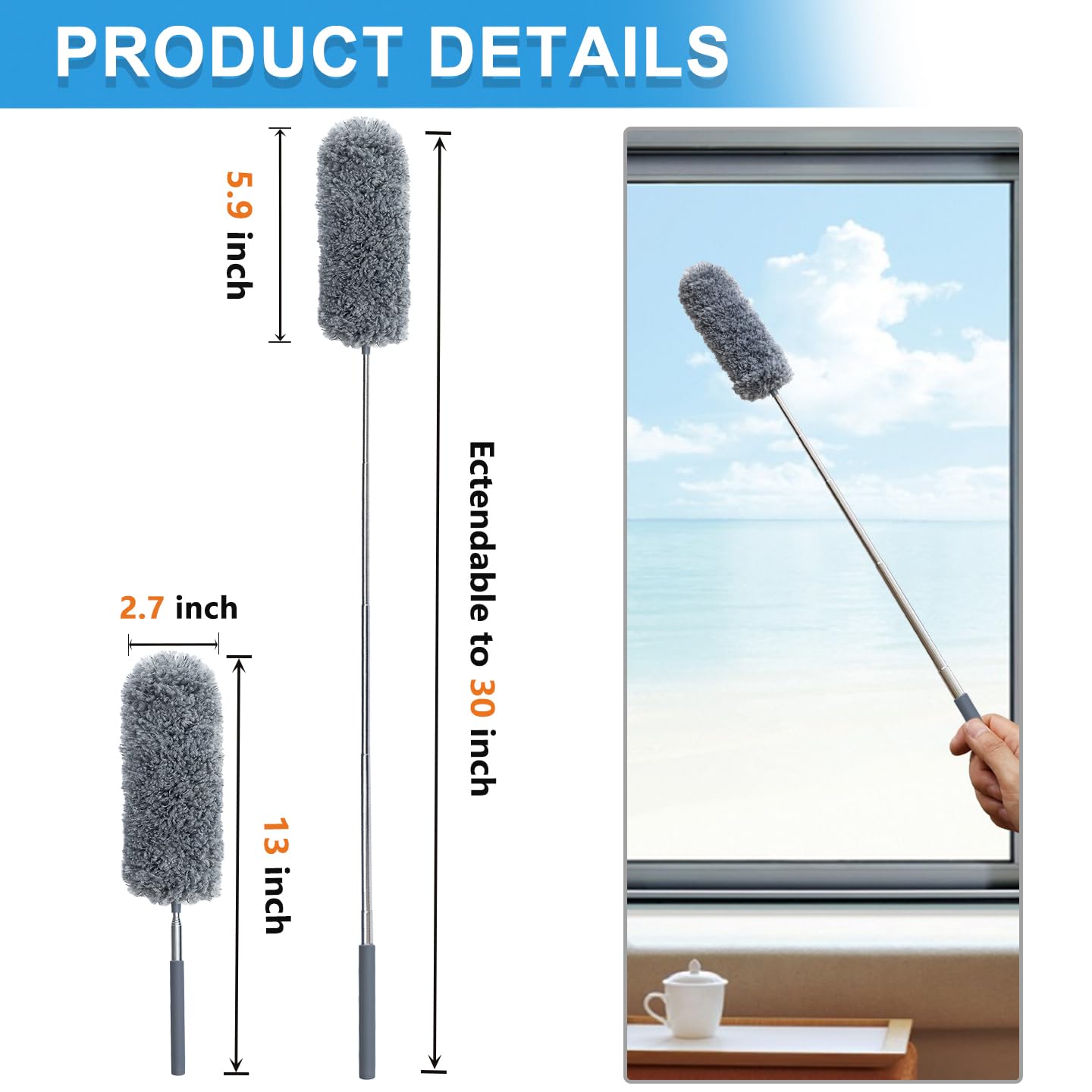 4 Pack Small Washable Microfiber Feather Duster, 13" to 30" Extendable Pole, Microfiber Head, Cleaning Tool for Office, Car, Computer, Furniture, Sofa