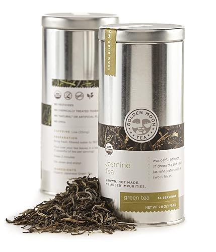 Golden Moon Tea Organic Jasmine Green Tea - Finest Leaves & Flowers - Loose Leaf, Non-GMO - Travel Tin (34 Servings)