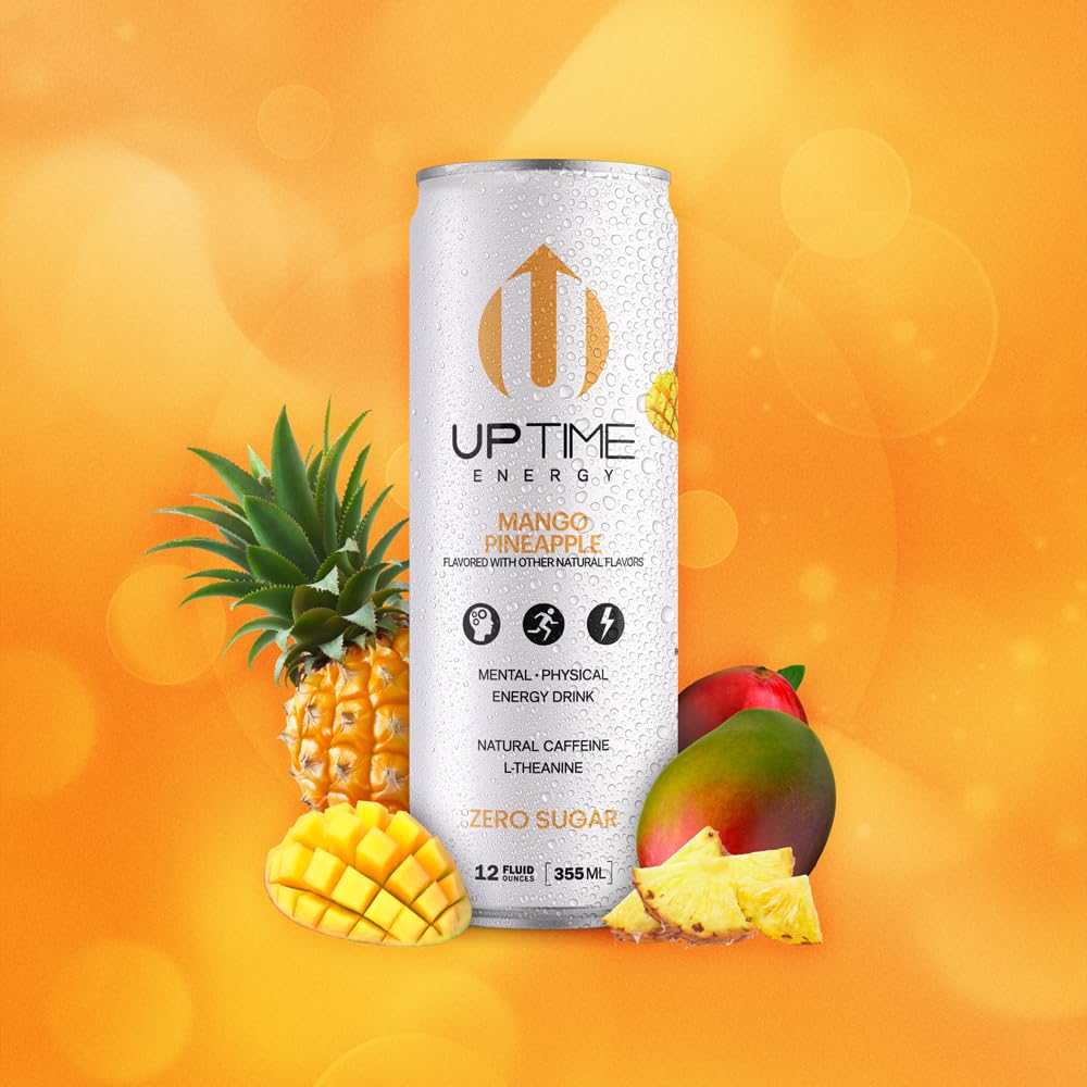 UPTIME Energy Drink, Mango Pineapple, 12 Pack, Vitamin C, L Theanine, Calcium, Sugar Free Energy Drinks for Focus Support, 142mg of Natural Caffeine