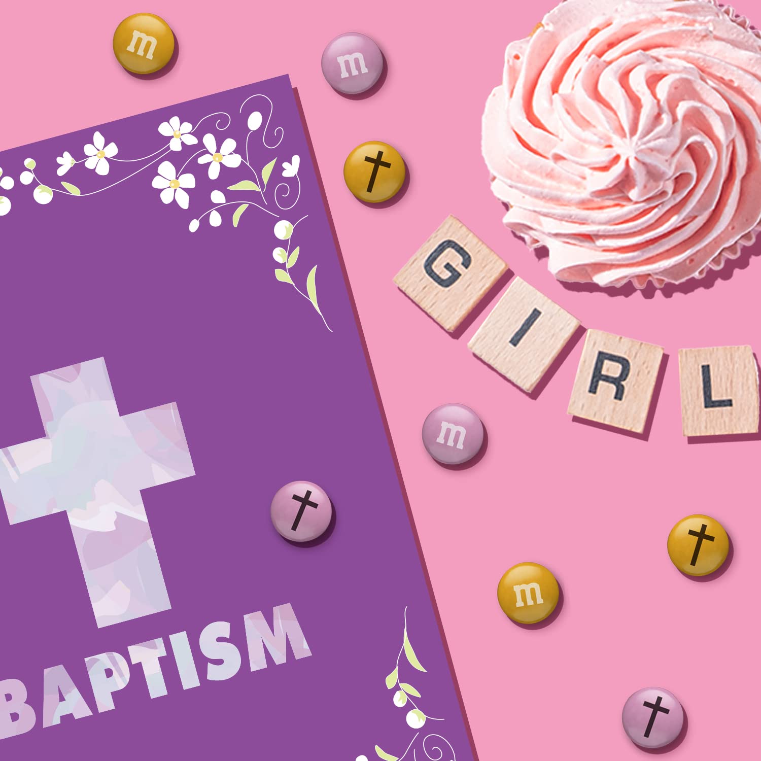 M&M’S Milk Chocolate Baptism for Girl Candy, 2 lb Bag of Bulk Candy with Printed Cross Clip Art, Perfect for Christening Gifts, Cupcakes, Party