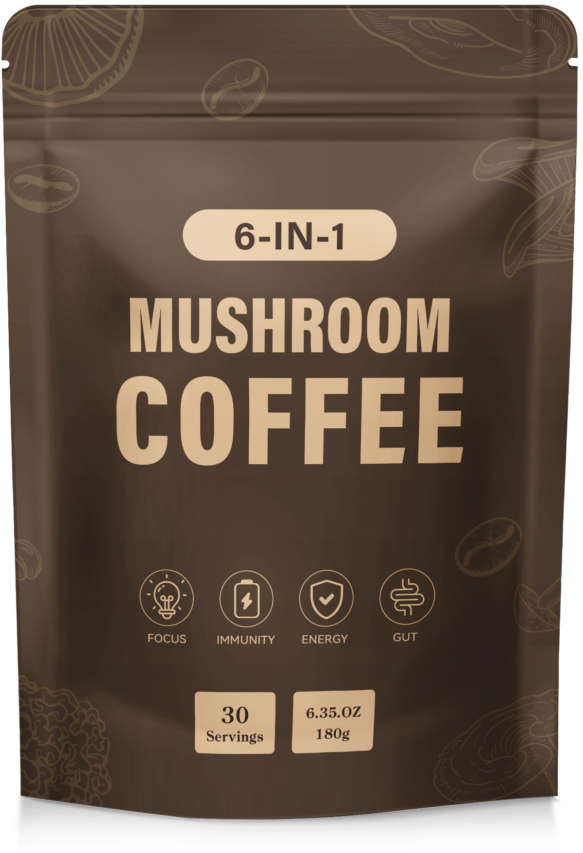 Mushroom Coffee 6 Mushrooms for Gut Health, Energy and Focus Support