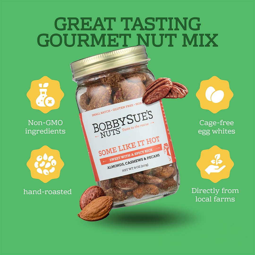 BobbySue's Nuts Some Like It Hot Gourmet Nut Mix, Spicy Snacks, All Natural, Gluten Free, Low Sugar, and High Protein Nuts Mix of Almonds, Cashews
