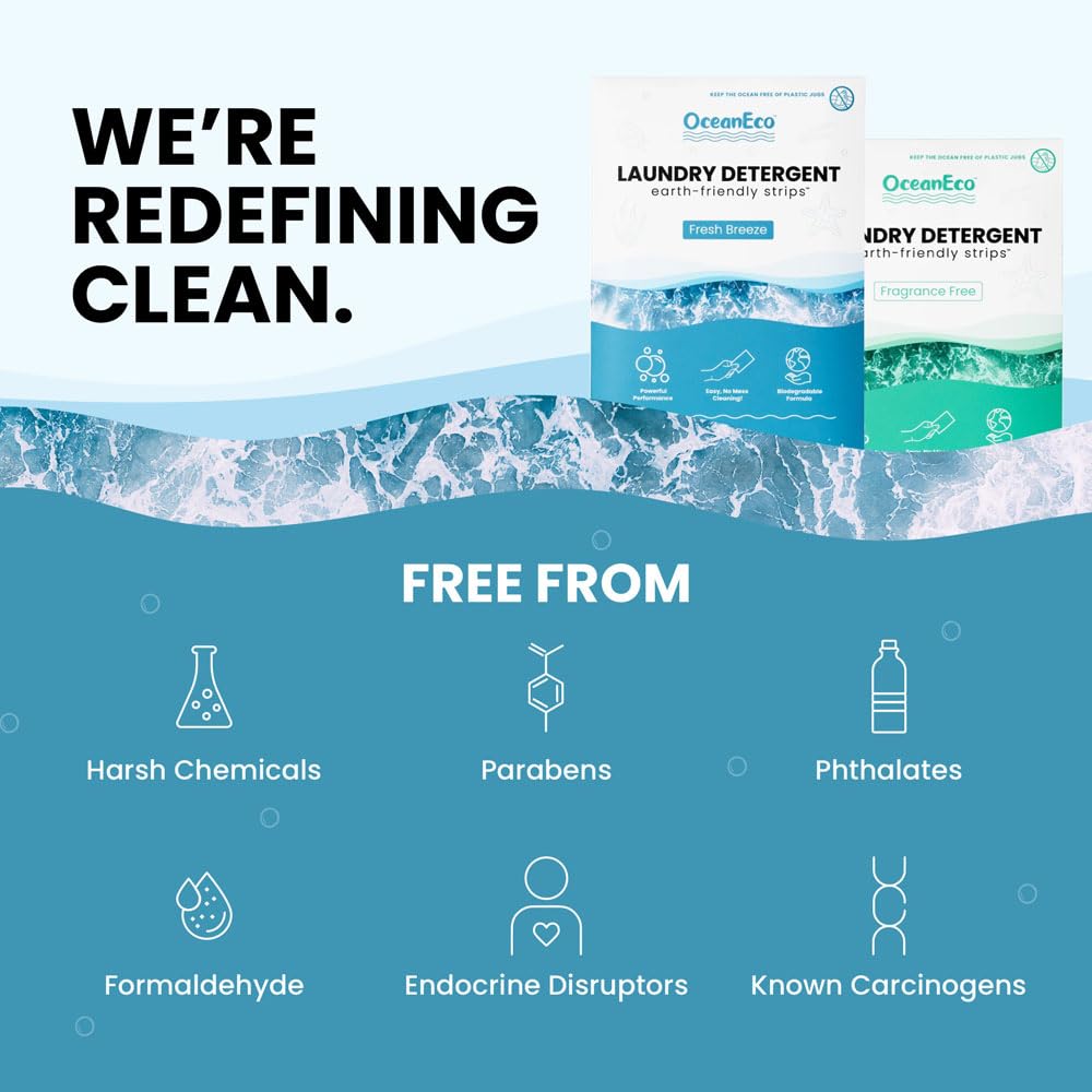 OceanEco™ Earth-Friendly Laundry Detergent Strips - 64 Loads | Ultra-Concentrated, Zero-Waste, Biodegradable, Cruelty-Free & Vegan (Fragrance Free)
