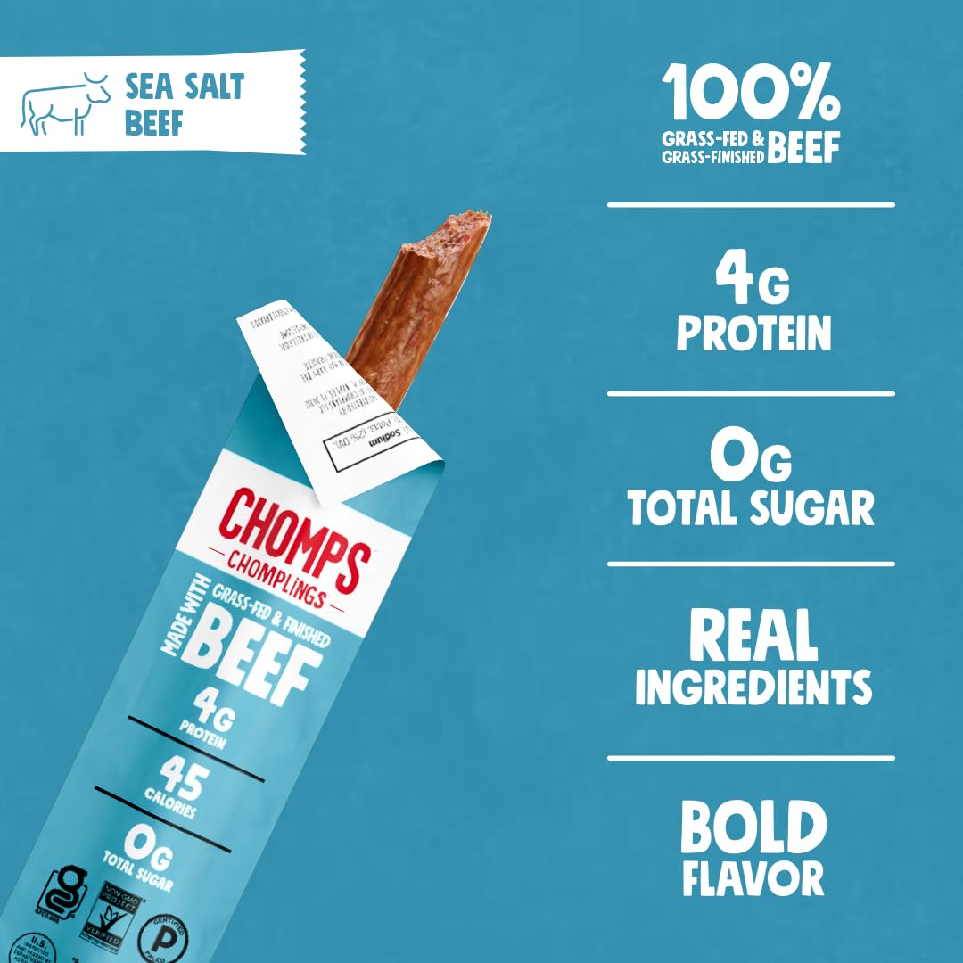 Chomps Mini Grass-Fed and Finished Sea Salt Beef Jerky Snack Sticks 6-Pack - Keto, Paleo, Whole30, 4g Lean Meat Protein, Gluten-Free, Zero Sugar Food