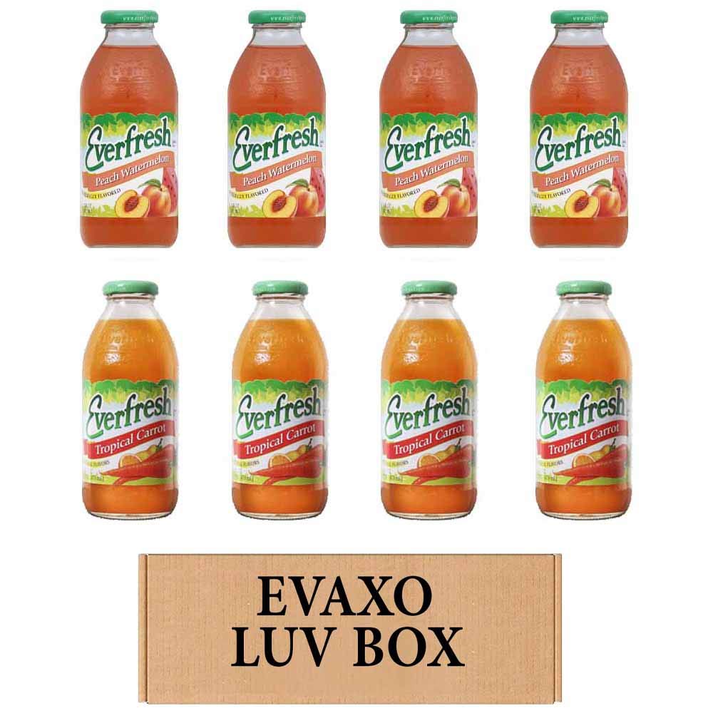 LUV BOX- variety Everfresh Juice 16 oz. pack of 8 , Everfresh Peach Watermelon , Everfresh Tropical Carrot. by evaxo