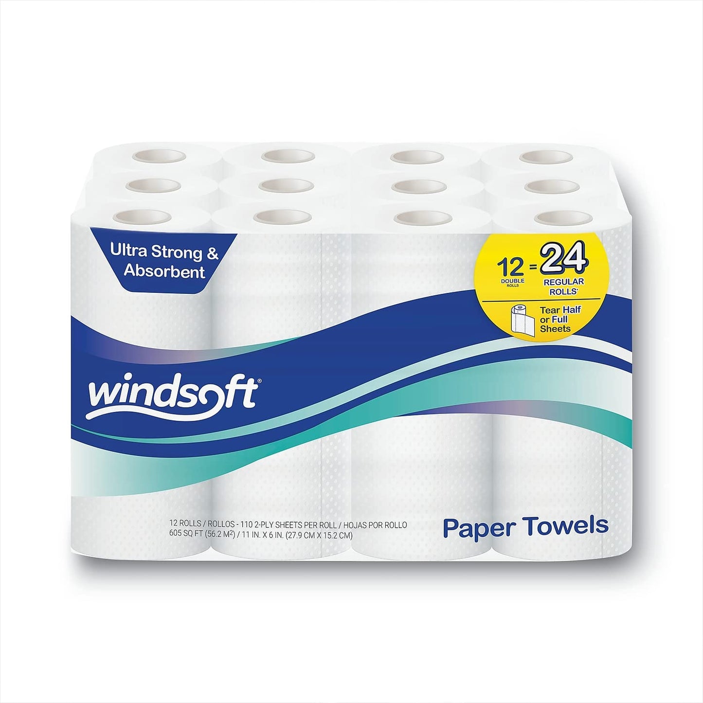 Windsoft Premium Paper Towels, 12-Pack, 110 Sheets Per Roll, Double Rolls, Perforated Full & Half Sheets, 2-Ply White Kitchen Towels, Embossed