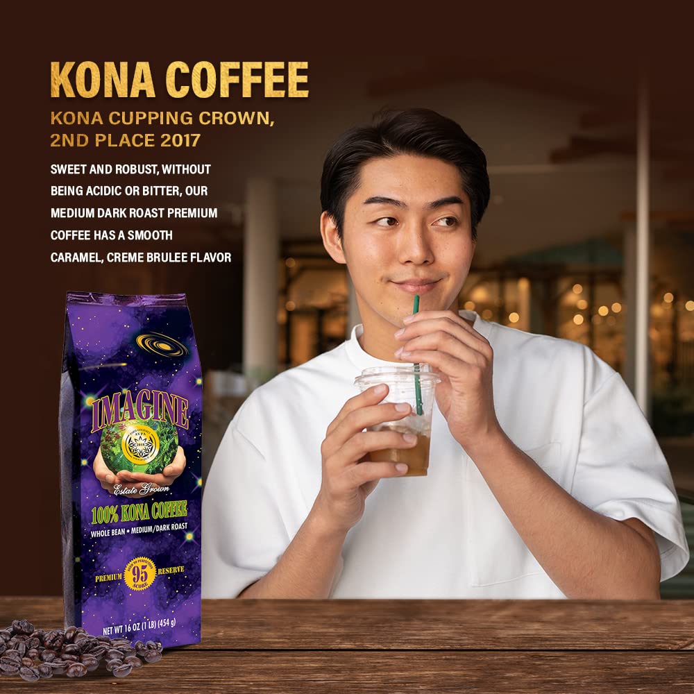 Imagine Kona Coffee Whole Bean | Arabica Kona Beans | Top Grade Air Roasted Organic Coffee Beans | Medium Dark Roast | Organic Whole Bean - 16oz