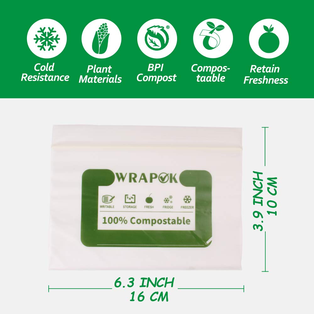 WRAPOK 100% Compostable Snack Bags Small Biodegradable Freezer Sandwich Storage Bag for Cookies Biscuits, 100 Count - 6.3 x 3.9 Inch