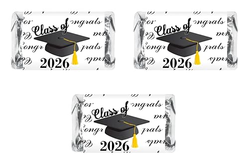 60 Graduation Cap Party Class of 2026 Miniatures Candy Bar Wrapper, (Set of 60) Mini Candy Chocolate Bar Stickers, Labels, Candy Not Included, Color