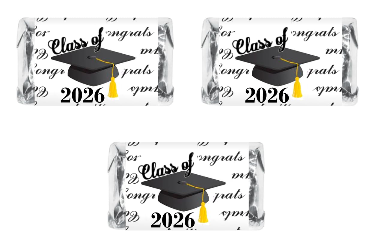 60 Graduation Cap Party Class of 2026 Miniatures Candy Bar Wrapper, (Set of 60) Mini Candy Chocolate Bar Stickers, Labels, Candy Not Included, Color