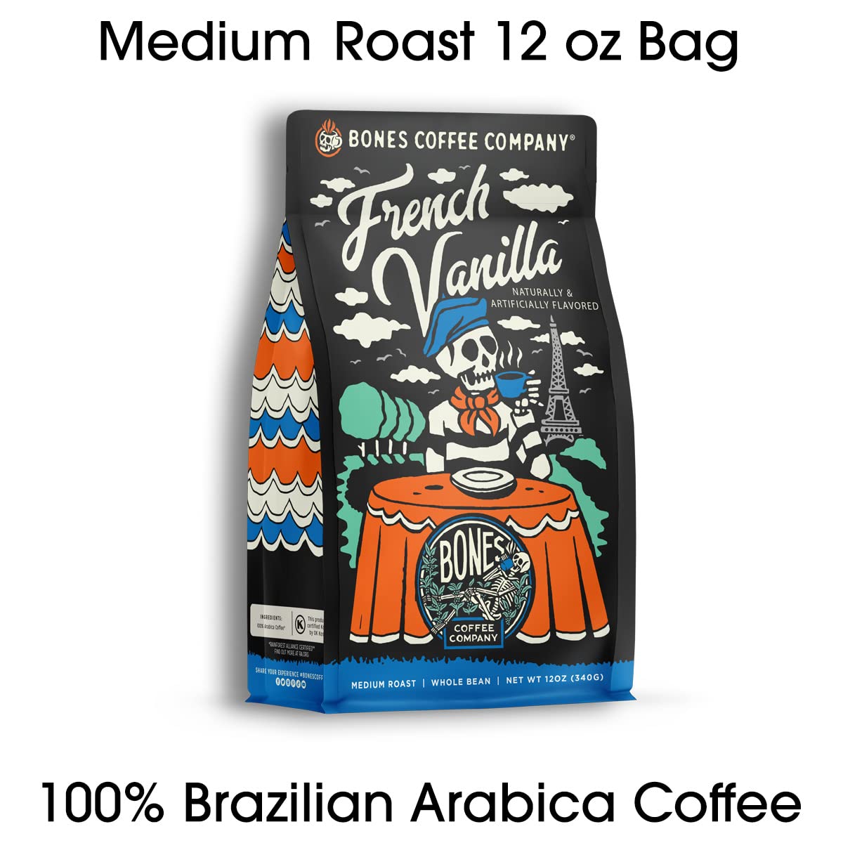Bones Coffee Company French Vanilla, Creamy Vanilla Flavored Coffee, Medium Roast Low Acid Arabica Beans Compatible with Auto drip and French Press