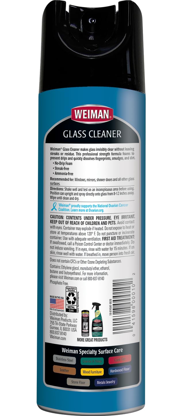 Weiman Glass Cleaner Aerosol Spray for Windows, Mirrors, Shower Doors, No Drip Foam, Residue & Streak Free Shine, Ammonia Free, Dissolves
