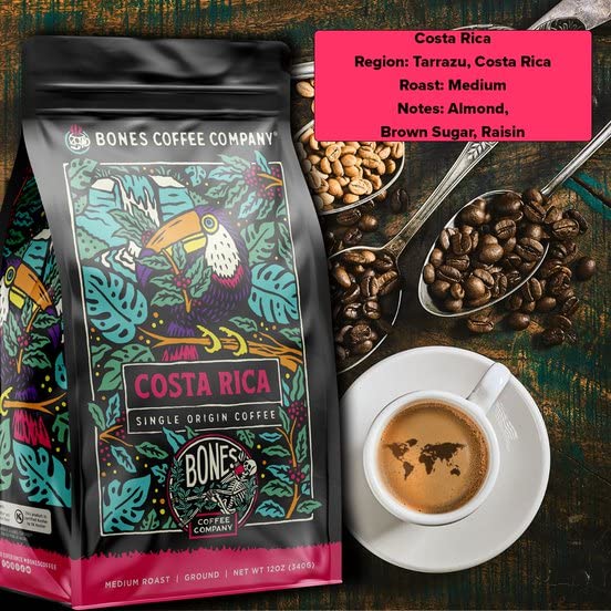 Bones Coffee Company Costa Rica Single-Origin, Cocoa, Nutty and Milk Chocolate Notes, Ground Coffee Beans, Low Acid Medium Roast Arabica Beans