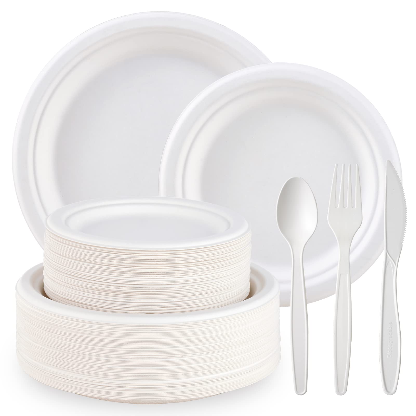 ECOLipak Heavy Duty Compostable Paper Plates Set - 350 Biodegradable Plates & Eco Friendly CPLA Cutlery for DInnerware, Party, Camping & BBQ