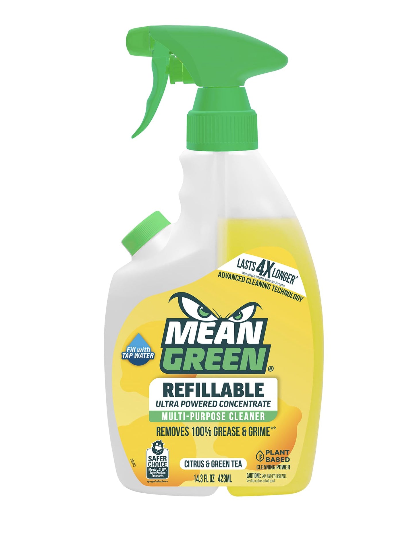 Mean Green Refillable Ultra Powered Multi-Purpose Cleaner Concentrate, Citrus & Green Tea, 14.3 fl oz - Plant & Mineral Based, Cuts Through Grease