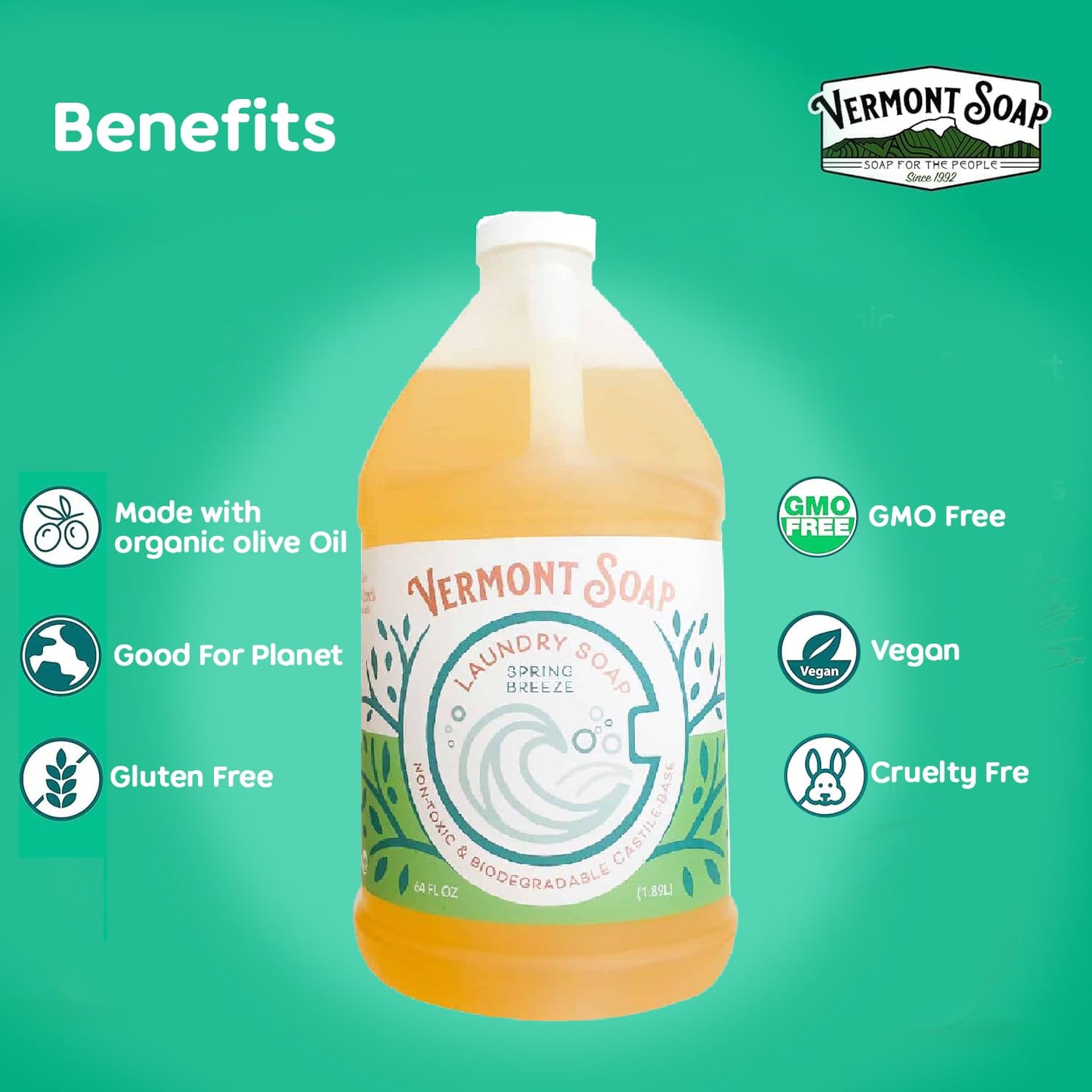 Vermont Soap Laundry Detergent, Laundry Soap, Natural Laundry Detergent Liquid, Baby Detergent, washing - Spring Breeze, 64 Fl Oz