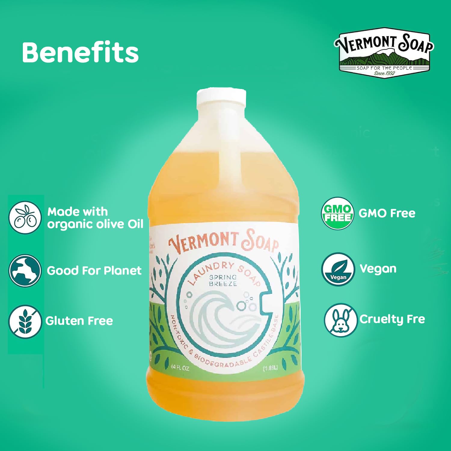 Vermont Soap Laundry Detergent, Laundry Soap, Natural Laundry Detergent Liquid, Baby Detergent, washing - Spring Breeze, 64 Fl Oz