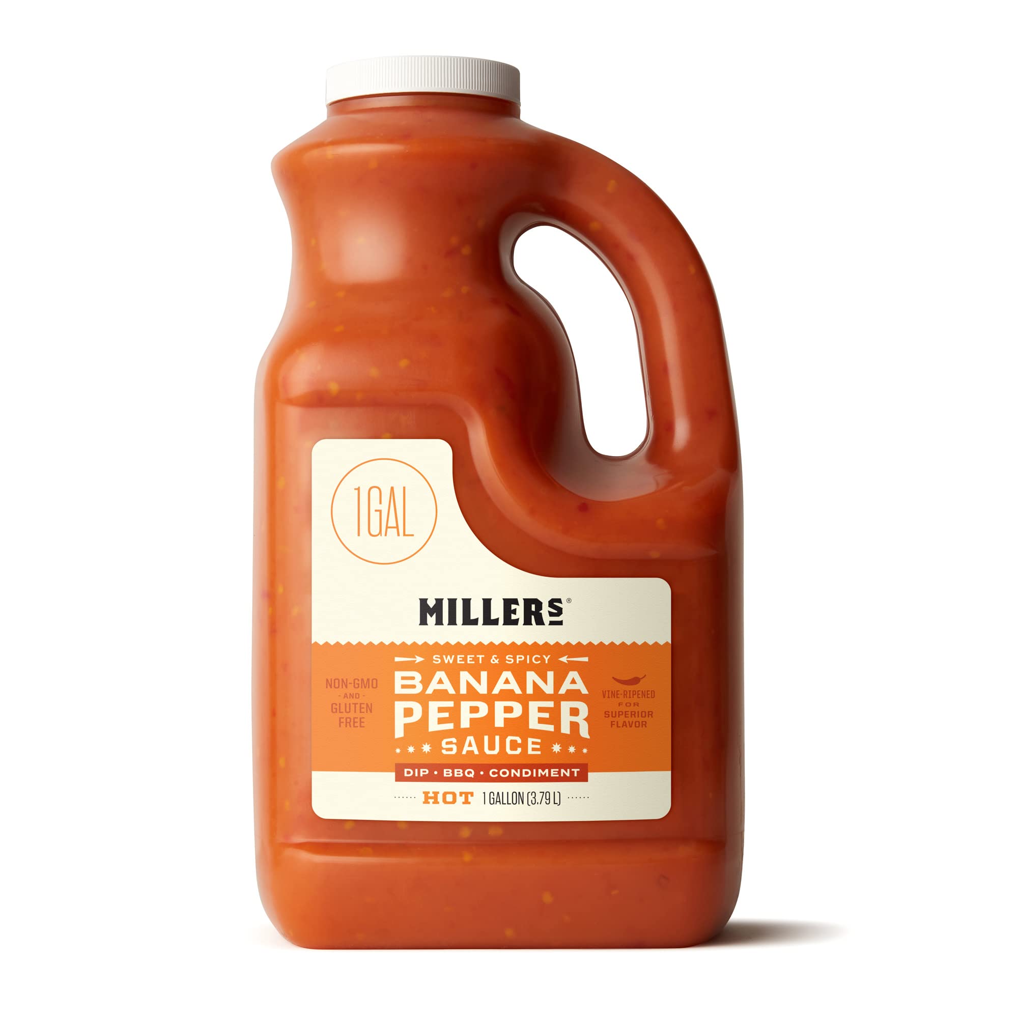 Miller's Hot Banana Pepper Sauce - Sweet & Spicy Low Sodium Hot Sauce, Gluten Free Dip & Condiment for Chicken Wings, Burgers & Sandwiches, 1 Gallon