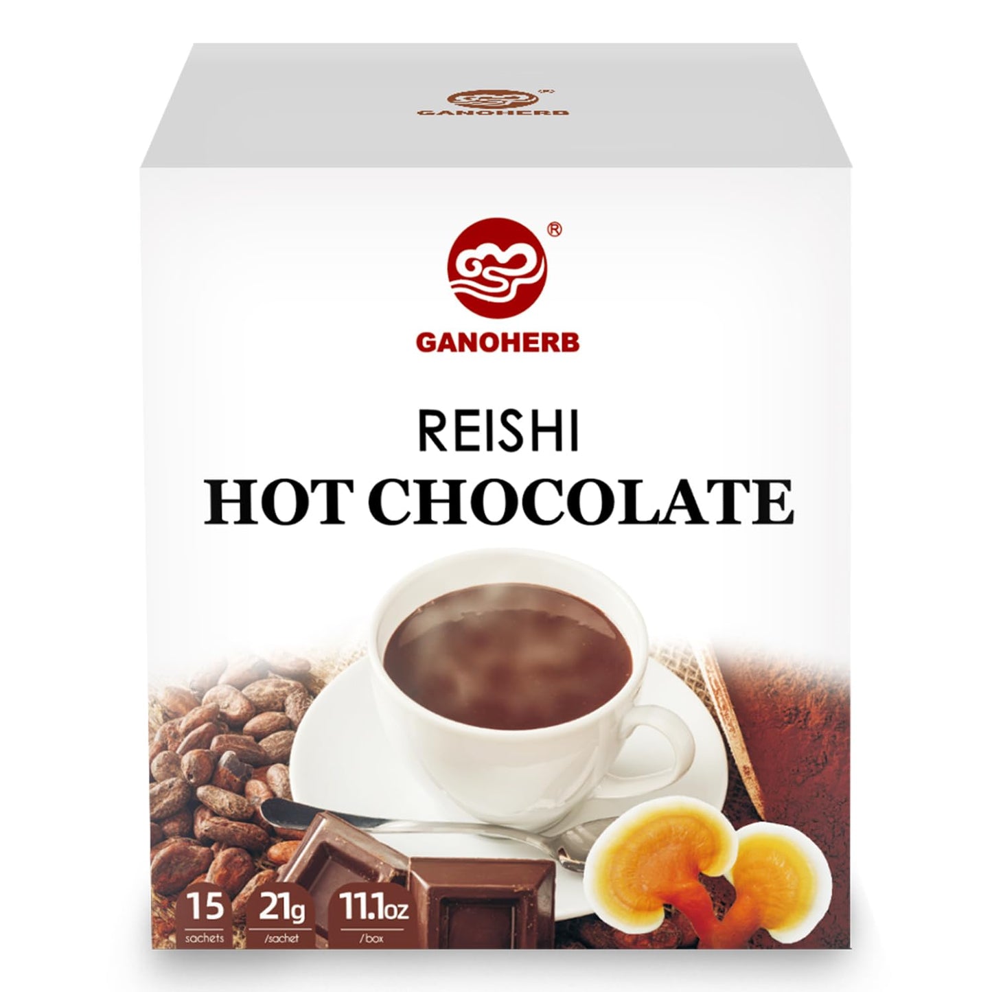 GANOHERB Mushroom Hot Chocolate Mix with Reishi, Mushroom Coffee Alternative Hot Cacao Powder for Energy, Mood and Immune System, Vegan Mushroom