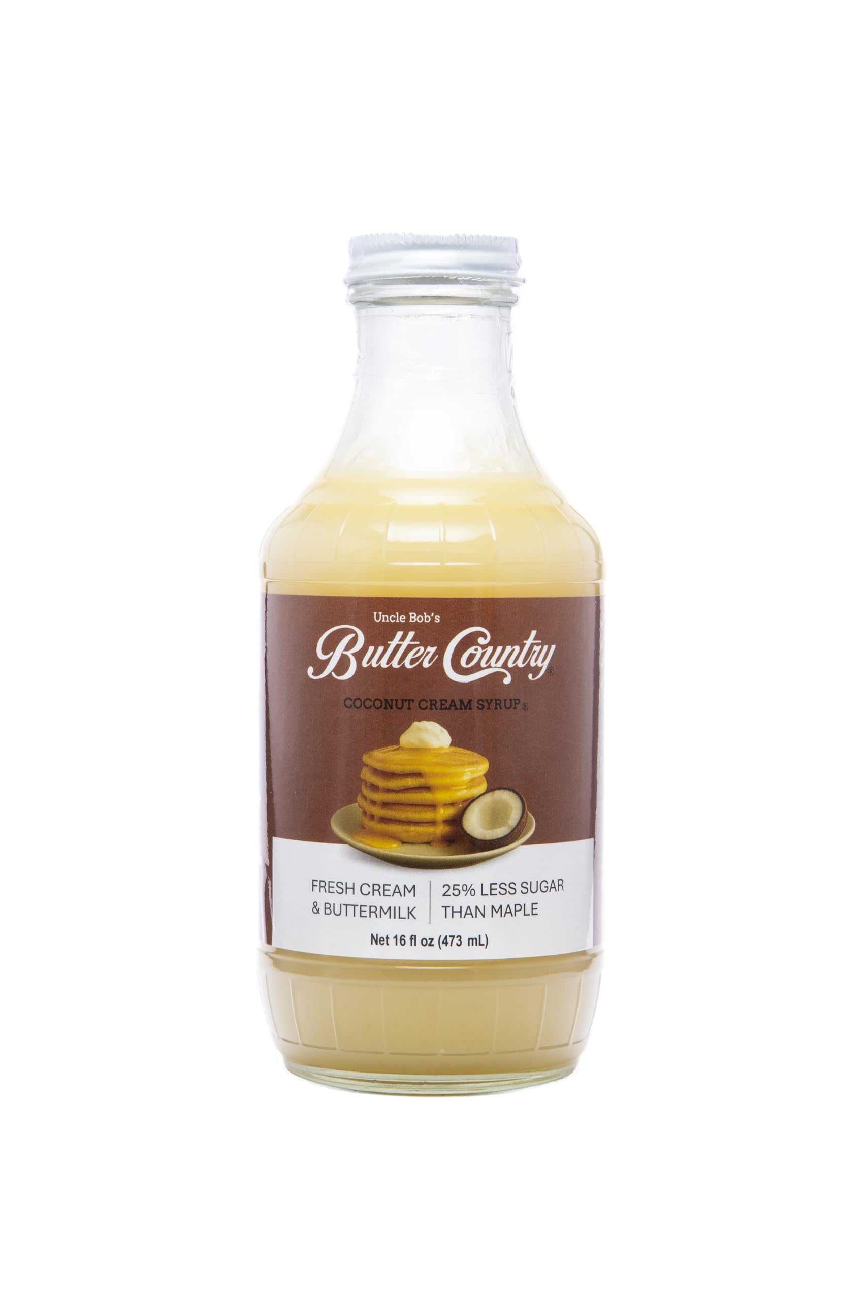 Uncle Bob's Butter Country Rich & Creamy Coconut Syrup for Pancakes and Waffles, Less Sugar, No Corn Syrup, Gluten Free, Made without Artificial Flavors, 16 fl oz Bottle