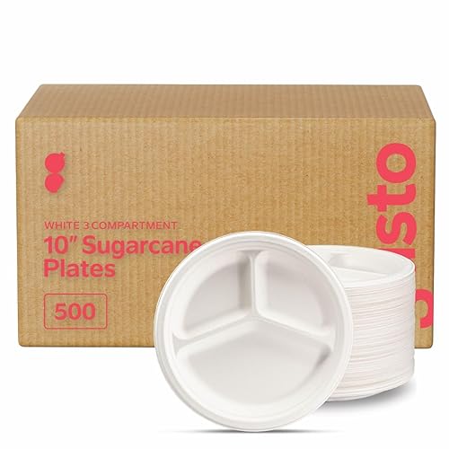GUSTO 100% Compostable Sugarcane Paper Plates, Heavy Duty, Eco-Friendly, Biodegradable - White, 10 Inch, 3 Compartment, Case of 500