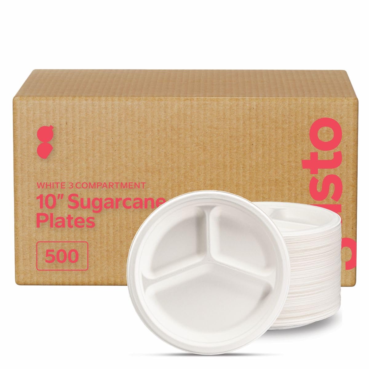 GUSTO 100% Compostable Sugarcane Paper Plates, Heavy Duty, Eco-Friendly, Biodegradable - White, 10 Inch, 3 Compartment, Case of 500