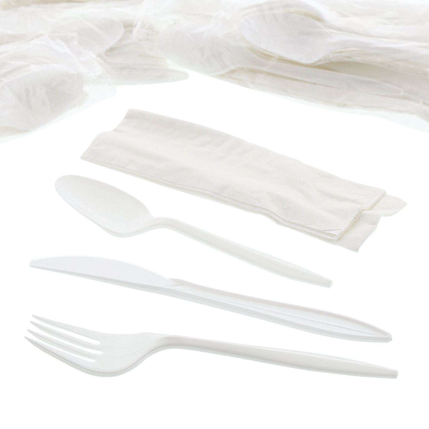 AmerCareRoyal 4-in-1 Disposable Silverware Medium Weight Plastic Utensil Set with Teaspoon, Fork, Knife and 12x13 inch Napkin - Individually Wrapped