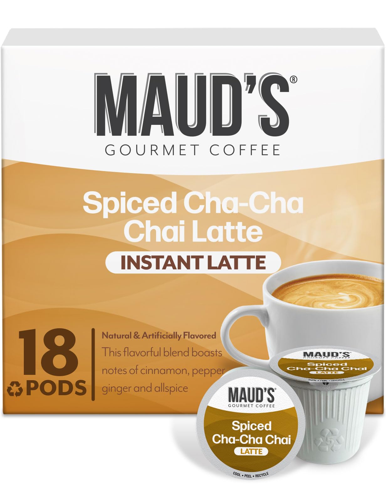 Maud's Chai Tea Latte Pods, 18 ct, Single Serve Tea Pods - 100% Gourmet Blended Tea Leaves, Compatible with Keurig K Cups Maker
