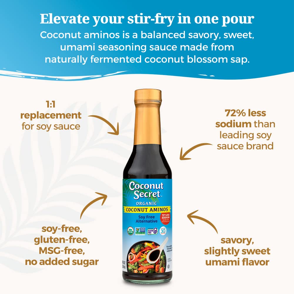 Coconut Secret Organic Coconut Liquid Aminos Variety 3-Pack - Includes Original 8oz, Garlic 10oz, and Teriyaki 10oz - Low Sodium Soy Sauce Alternative