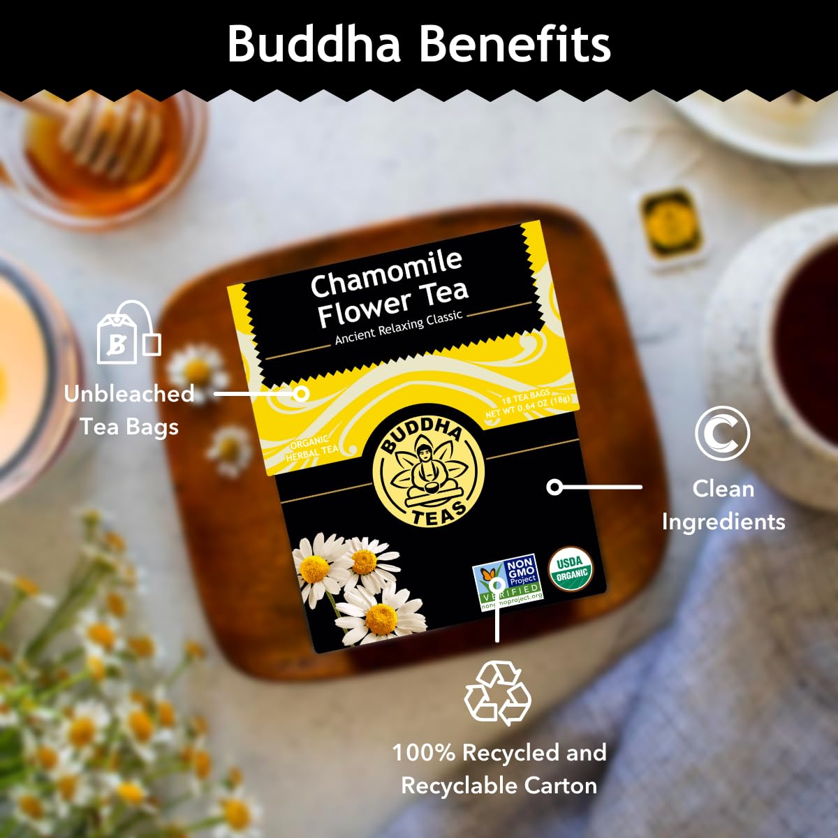 Buddha Teas - Organic Chamomile Flower Tea - Herbal Tea - For Health & Wellbeing - With Antioxidants & Minerals - Clean Ingredients - Caffeine Free