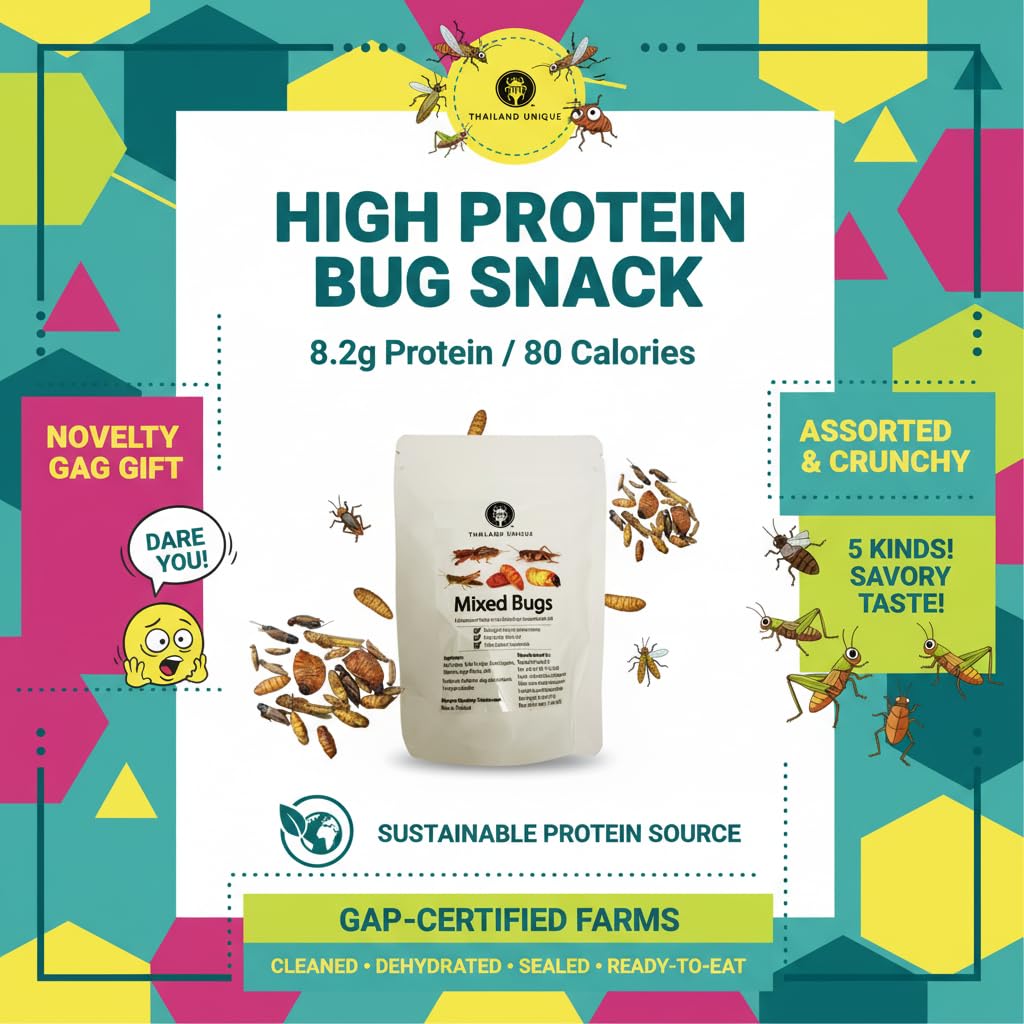 Thailand Unique Original Mixed Insects - 15G Bag of Dehydrated Salted House, Black Crickets, Sago, Silkworms, for Humans, Nutritious Bugs Superfood