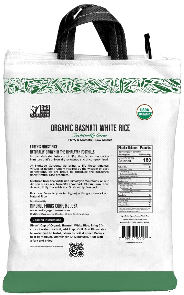 Heritage Gardens Organic White Basmati Rice 80 oz (5 lb) - Extra Long Grain, Non-GMO, Gluten Free, Low-Arsenic, Fluffy & Non-Sticky - Himalayan Grown