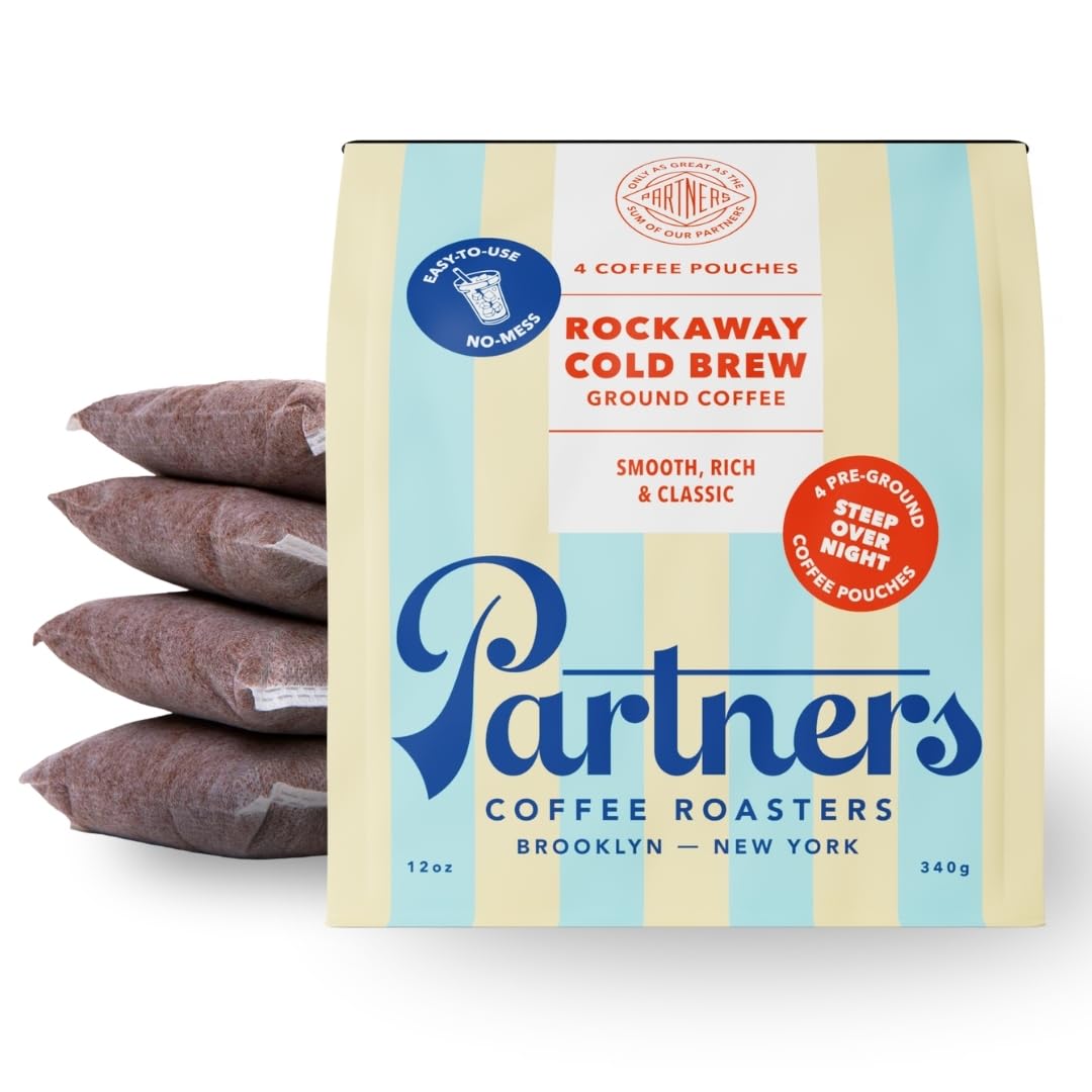 Partners Rockaway Blend | Cold Brew Coffee Bags | Medium Roast Ground Coffee | 12 ounces - 4 x 3oz Bags | Cold Brew Made Simple