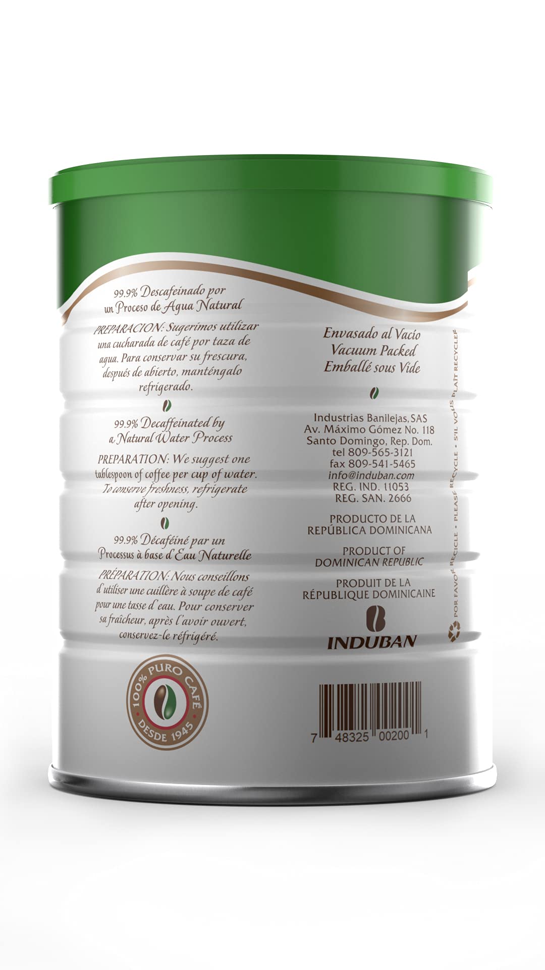 Café Santo Domingo Decaf, 10 oz Can, Ground Coffee, Medium Roast - Product from the Dominican Republic (Pack of 2)