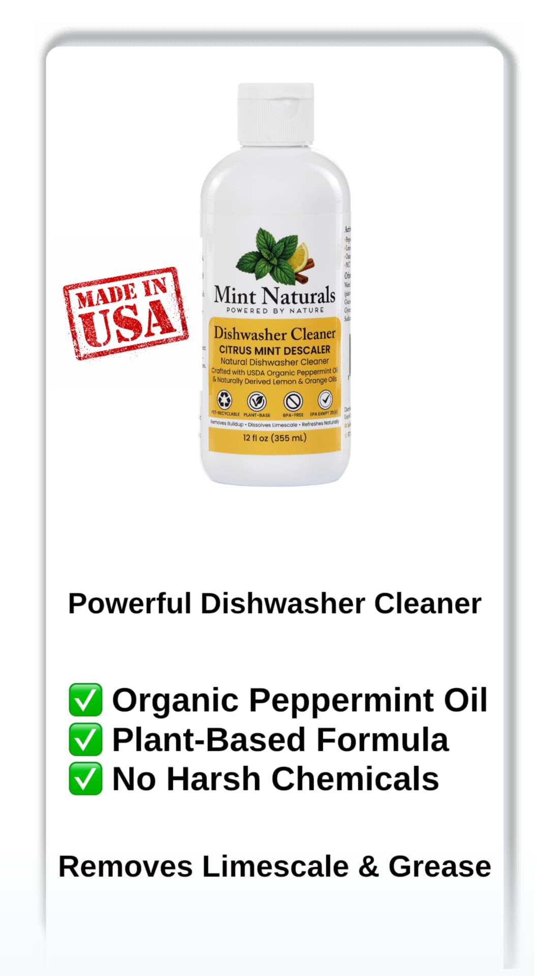 Natural Dishwasher Cleaner & Degreaser Liquid - USDA Organic Peppermint Oil Formula That Helps Remove Limescale, Grease & Odor, 12 oz - Made in USA by