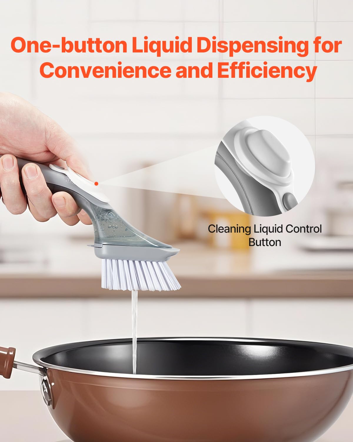 VEVOR Soap Dispensing Dish Brush, Kitchen Scrub Brushes with 3 Brush Heads, Dish Cleaning Brushes with PP Handle and Curved Bristles, Ideal for Pots
