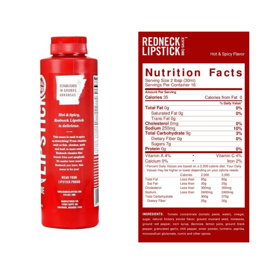 Redneck Lipstick Hot & Spicy Barbecue Sauce, Touch of Cayenne Pepper, Ideal for All Recipe, Authentic American Tastes, Made in USA, 1 Pack (18 oz)