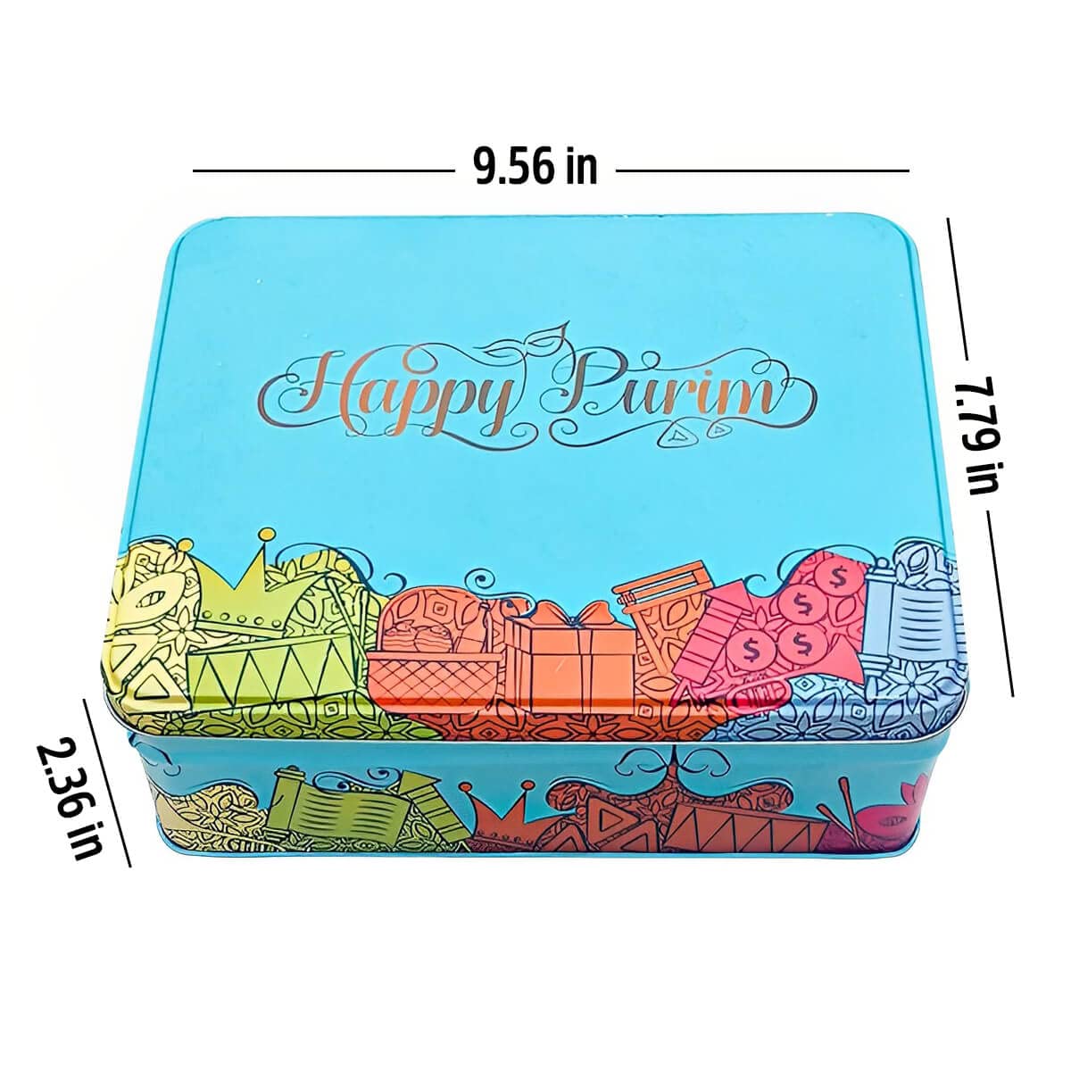 Filled Happy Purim Shaloch Manos Tin with Drink, Hamantashen, Chocolate, Mints, Jelly Beans