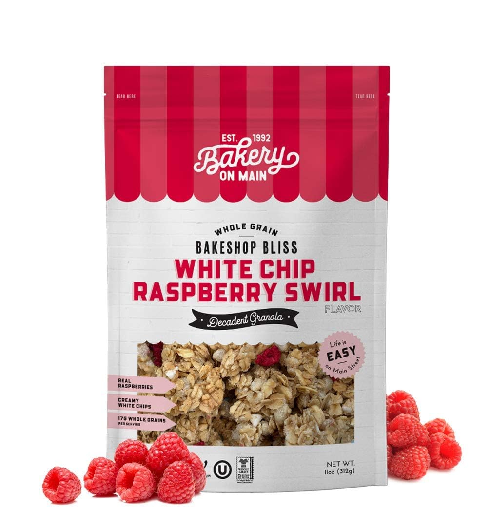 Bakery On Main Decadent Granola, White Chip Raspberry Swirl - Whole Grain Bakeshop Bliss, Gluten-Free, Vegan, Non-GMO, 11oz (Pack of 3)