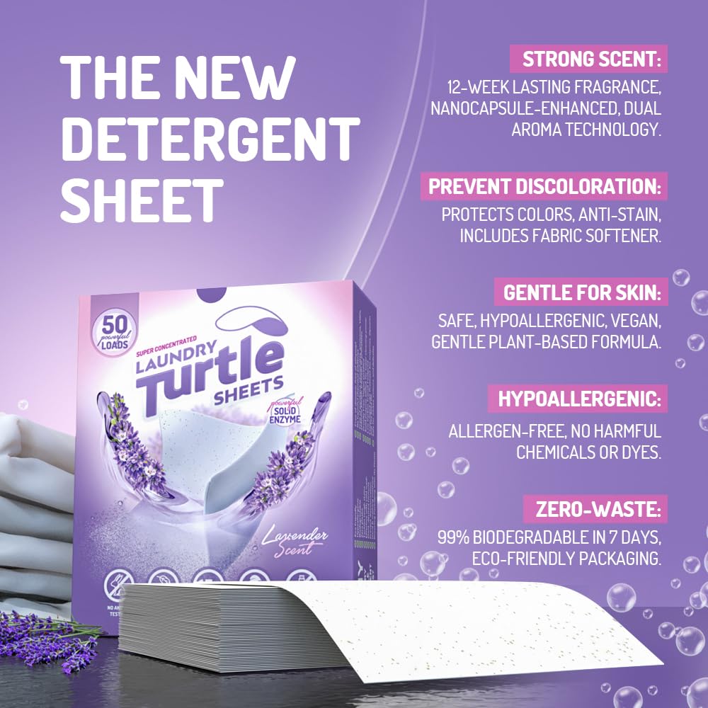 Laundry Turtle - Lavender Laundry Sheets Up to 100 Machine Loads - Strips, Travel Size, 50 Non Toxic Laundry Detergent Sheets, Fresh Scent Washing
