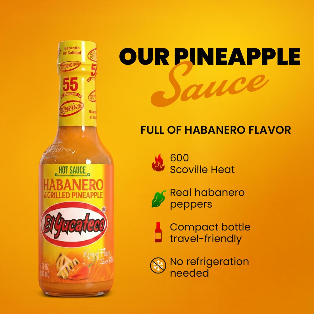 El Yucateco Habanero & Grilled Pineapple Hot Sauce, Sweet & Spicy Mexican Gourmet, Real Habanero Peppers, 2-Pack, 4 fl oz Bottles