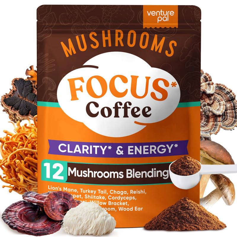 Venture Pal Mushroom Coffee (40 Servings) 12 Adaptogenic Mushrooms, Lion’s Mane, Cordyceps, Turkey Tail, Reishi, Ashwagandha & Probiotics, Instant