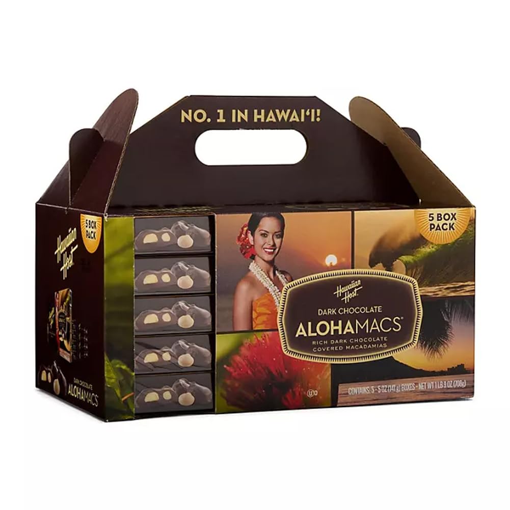 Hawaiian Host AlohaMacs Dark Chocolate Macadamia Nuts - Premium Hawaiian Easter & Mother's Day Gift - 5 Box Tote (25oz Total)