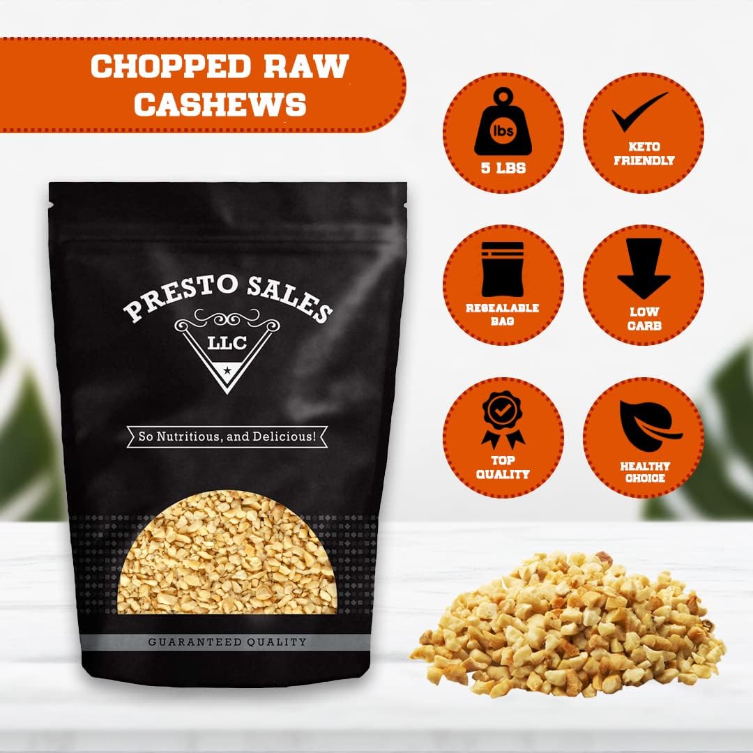 Cashews Fresh Quality Brazilian, Chopped raw nuts, Packed in 5 lbs. (80 oz.) Resealable Bag, Kind to your Body, Healthy Protein, Vitamin & Mineral