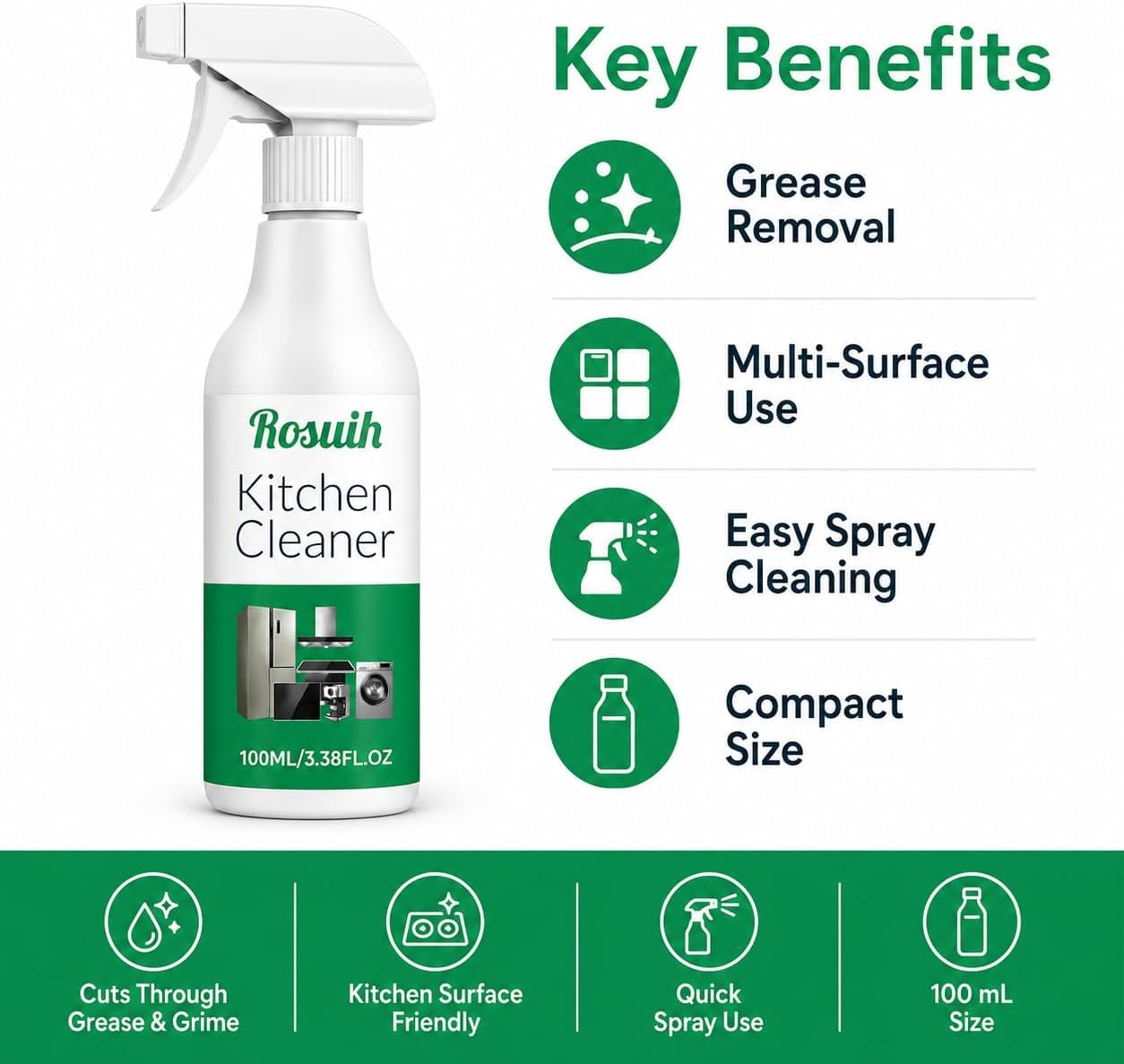 ROSUIH Kitchen Enzyme Cleaner Spray, Multifunctional Kitchen Appliance Cleaner, Heavy Duty Grease Remover for Cooktop, Stove, Oven, Range Hood
