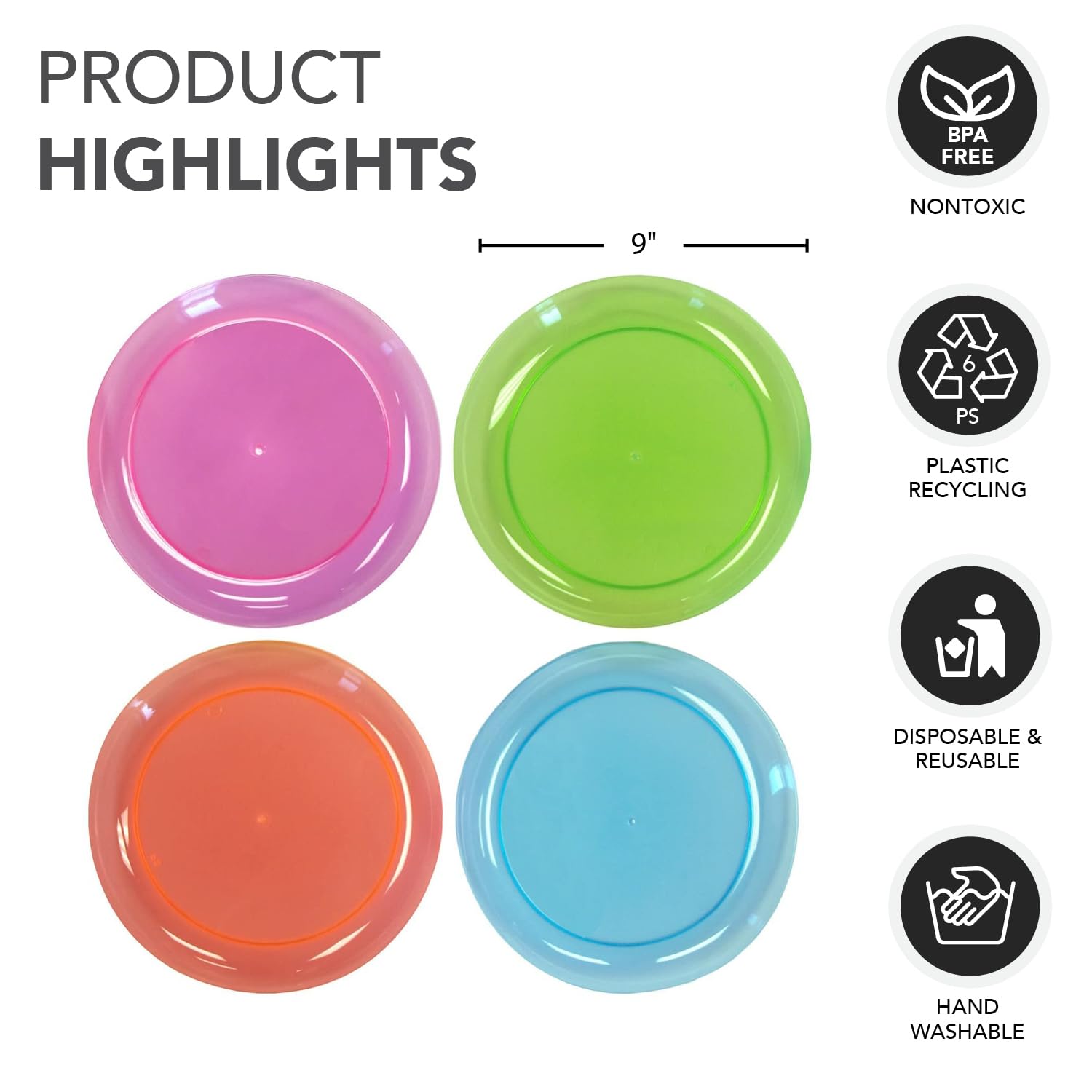 Party Essentials Hard Plastic 9-Inch Round Party/Luncheon Plates, Assorted Neon, 20-Count