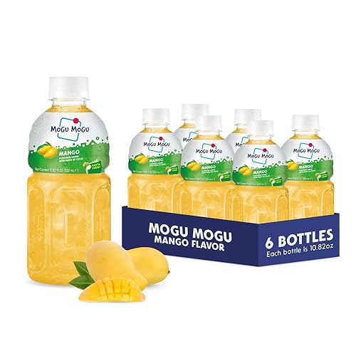 Mogu Mogu Mango Juice Drink with Nata de Coco (Coconut Jelly) - Chewy Fruit Beverage for Kids & Adults, 6 Pack Bottles, 10.82 fl oz Each