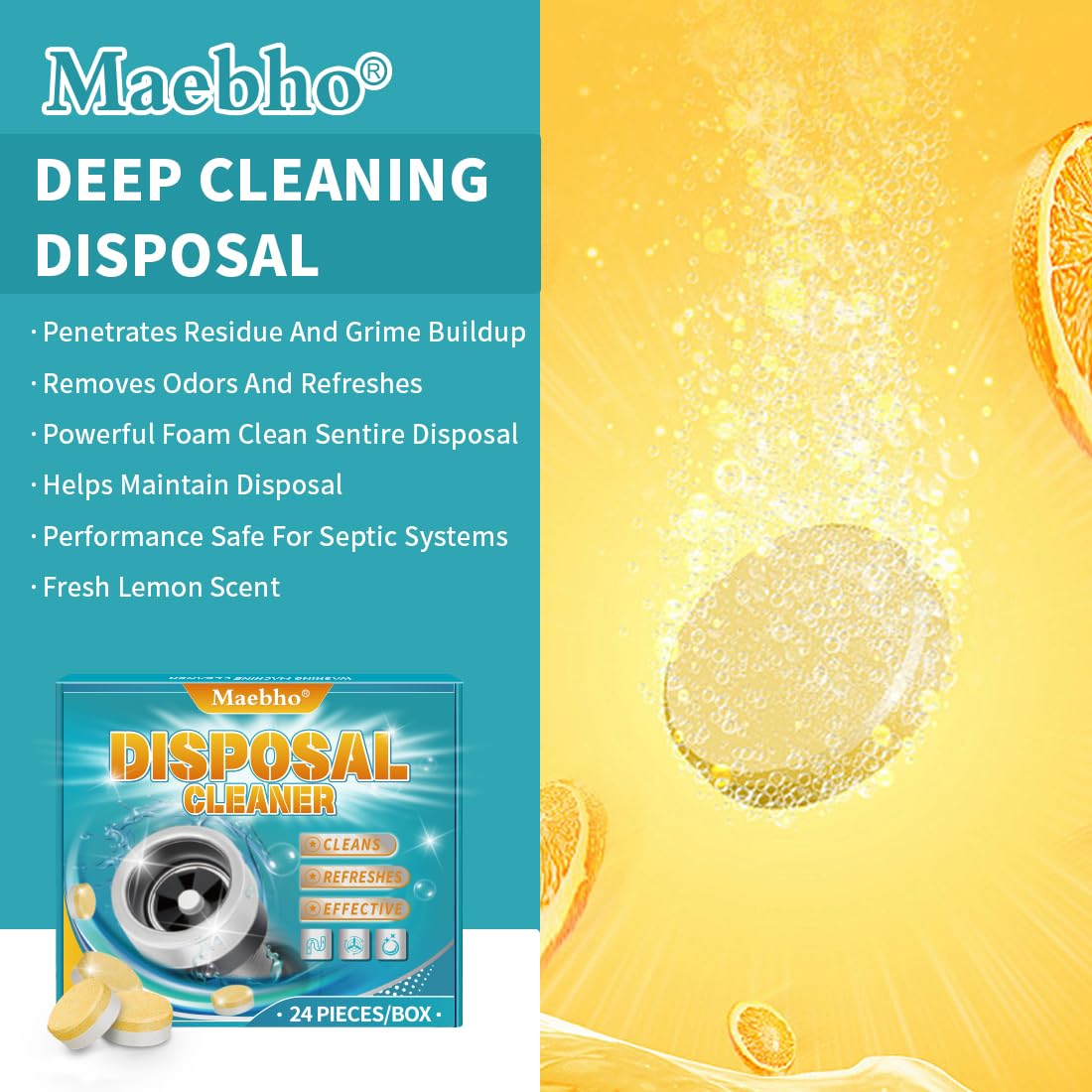 Garbage Disposal Cleaner and Deodorizer Tablets 24-Pack,Septic Safe Sink and Drain Foaming Clean Tablets,Quickly Eliminates Odors,Powerful Foaming