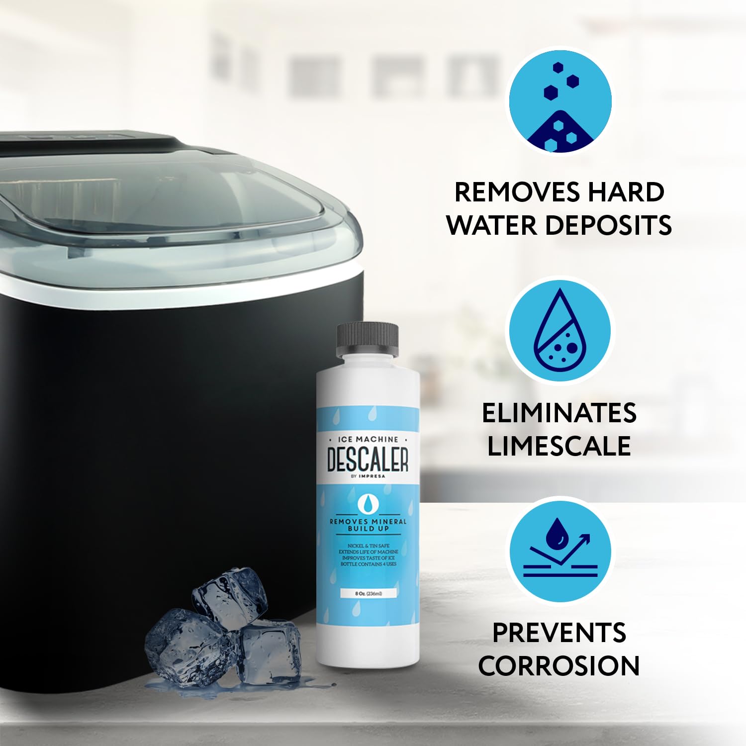 IMPRESA Ice Maker Cleaner & Descaler - 8 Fl Oz Scale Removal Liquid Descaler - Nickel-Safe Ice Machine Cleaner - Compatible with Scotsman, Manitowoc