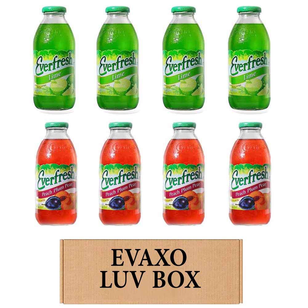 LUV BOX- variety Everfresh Juice 16 oz. pack of 8, Everfresh Lime, Everfresh Peach Plum Pear. by evaxo